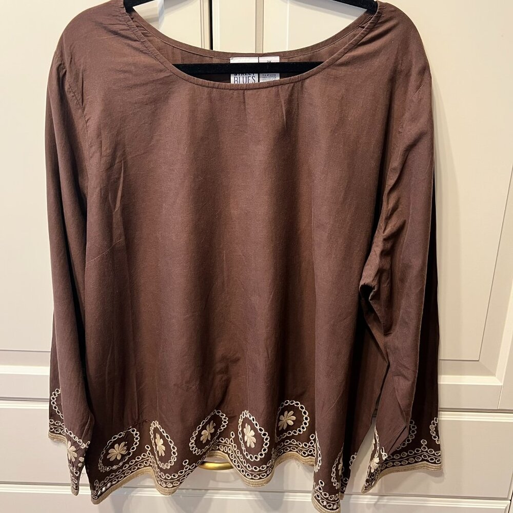 MAIN STREET BLUES Brown‎ & Tan Embroidered Tunic Blouse (Size 2X)